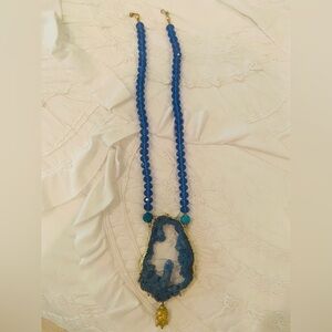 Royal Blue Beaded Long Necklace with big Gemstone Pendant